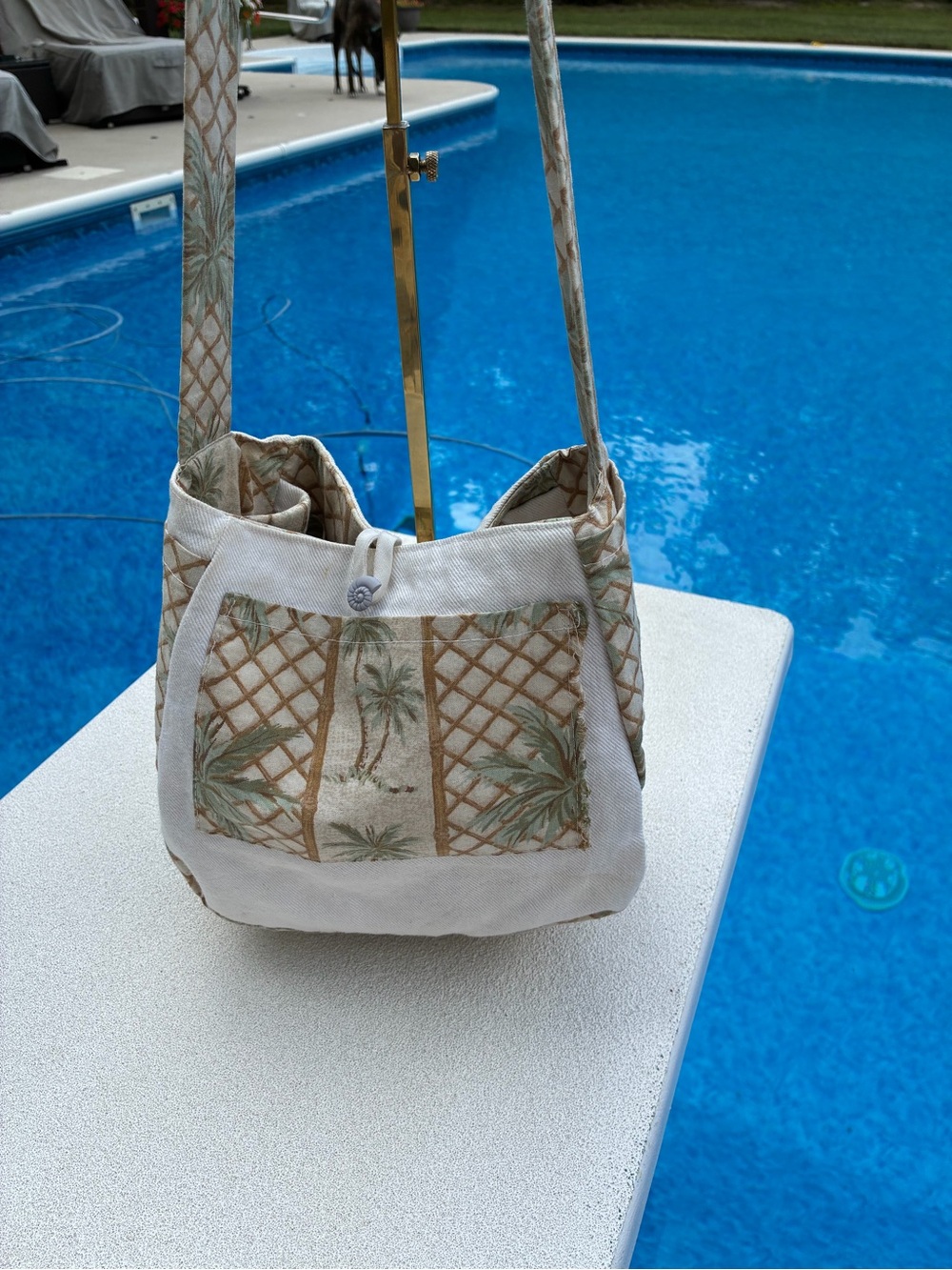 Hand Crafted Beige Canvas Shoulder Bag with Green Palm Motif Reversible